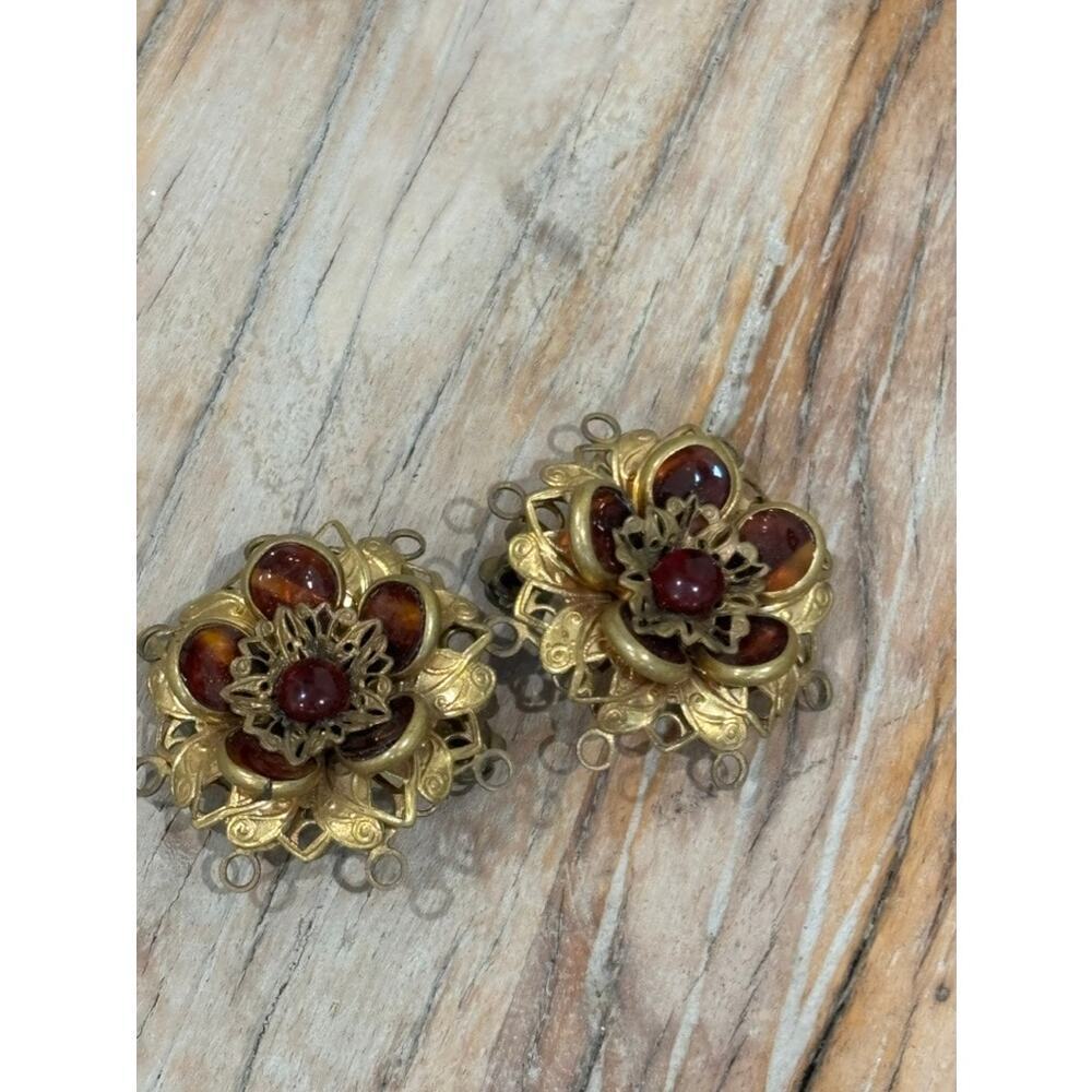 Vintage Brass Dress Clip On Earrings Floral Gold Brown